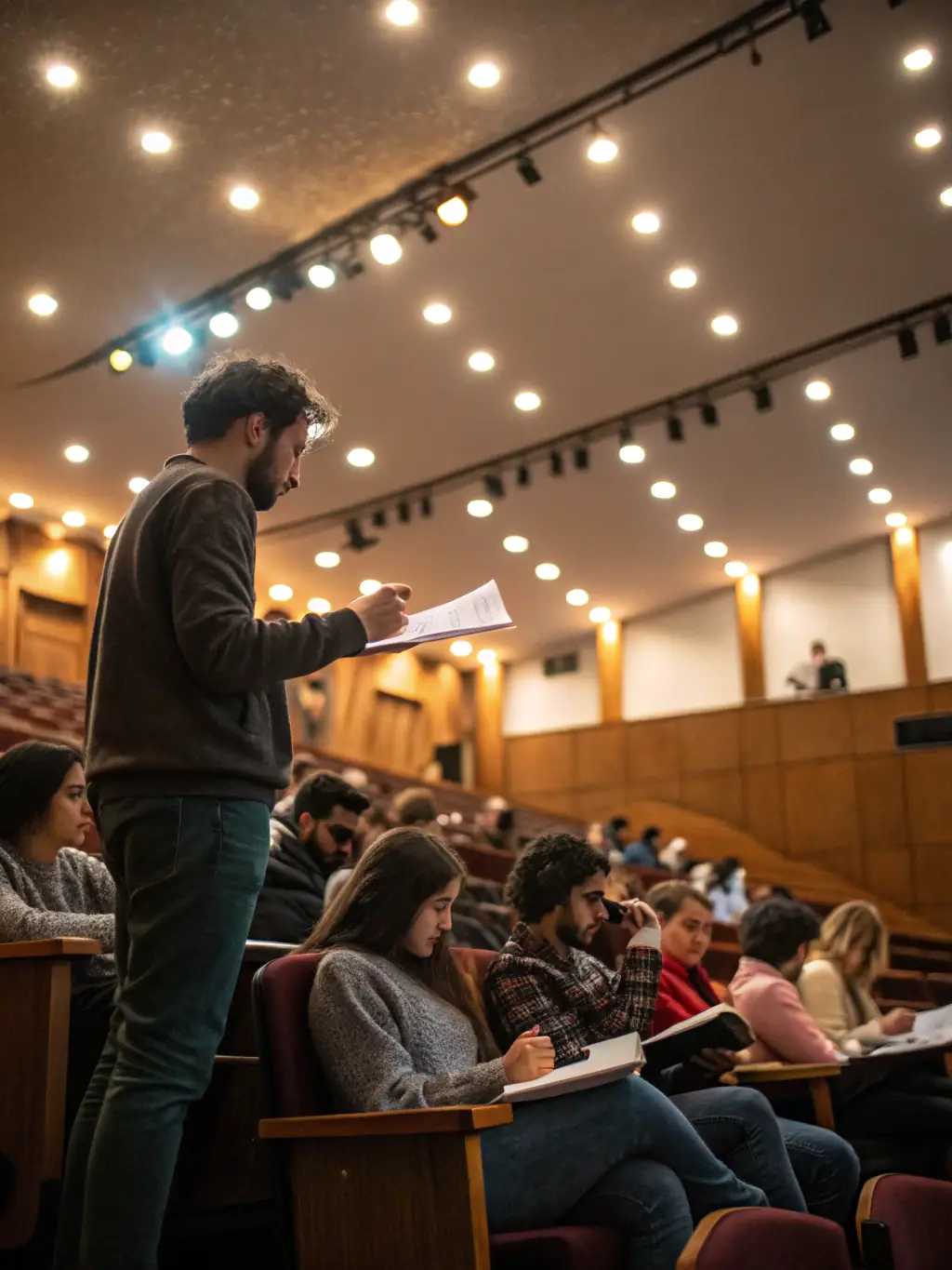 A lively scene of a public lecture or conference in a vaulted stone hall, with an expert speaker addressing an attentive audience seated in rows.