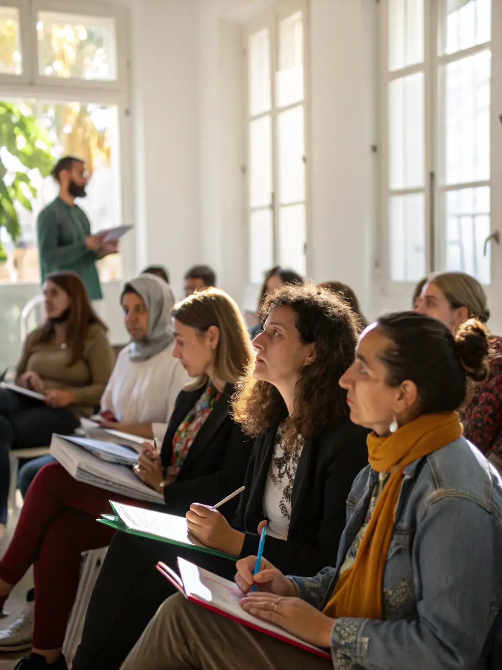 A candid image of a small audience attentively listening to a speaker during a cultural conference, with medieval arches and stained glass in the background, evoking a sense of history and learning.