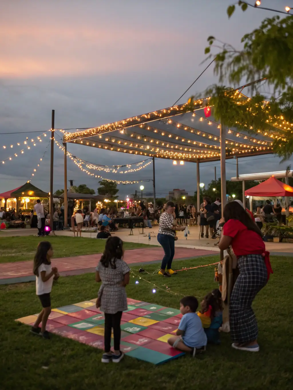 A lively outdoor scene showing families and local residents enjoying a summer music concert in the abbey’s cloister garden, with musicians performing under string lights at dusk.