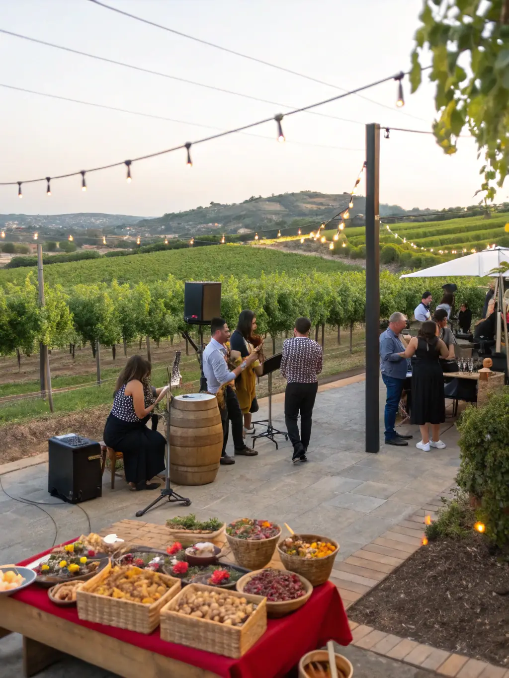 A festive outdoor community event in the abbey’s gardens, with people enjoying music, local food stands, and collaborative activities under colorful banners.