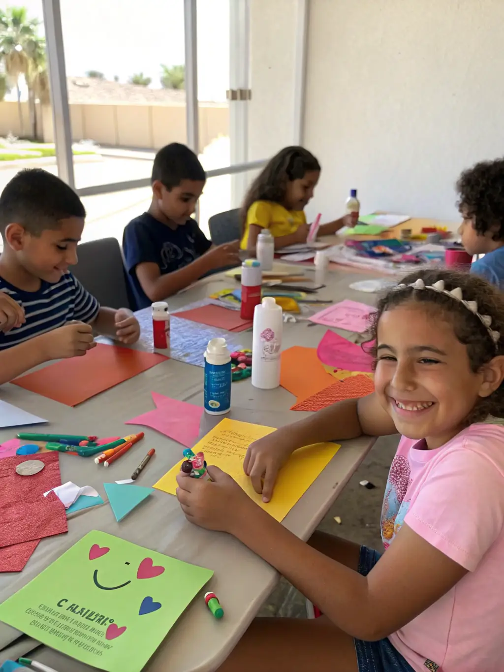 A group of children and adults gathered around a long wooden table, actively participating in a creative workshop led by an artist, with art supplies and finished crafts visible.