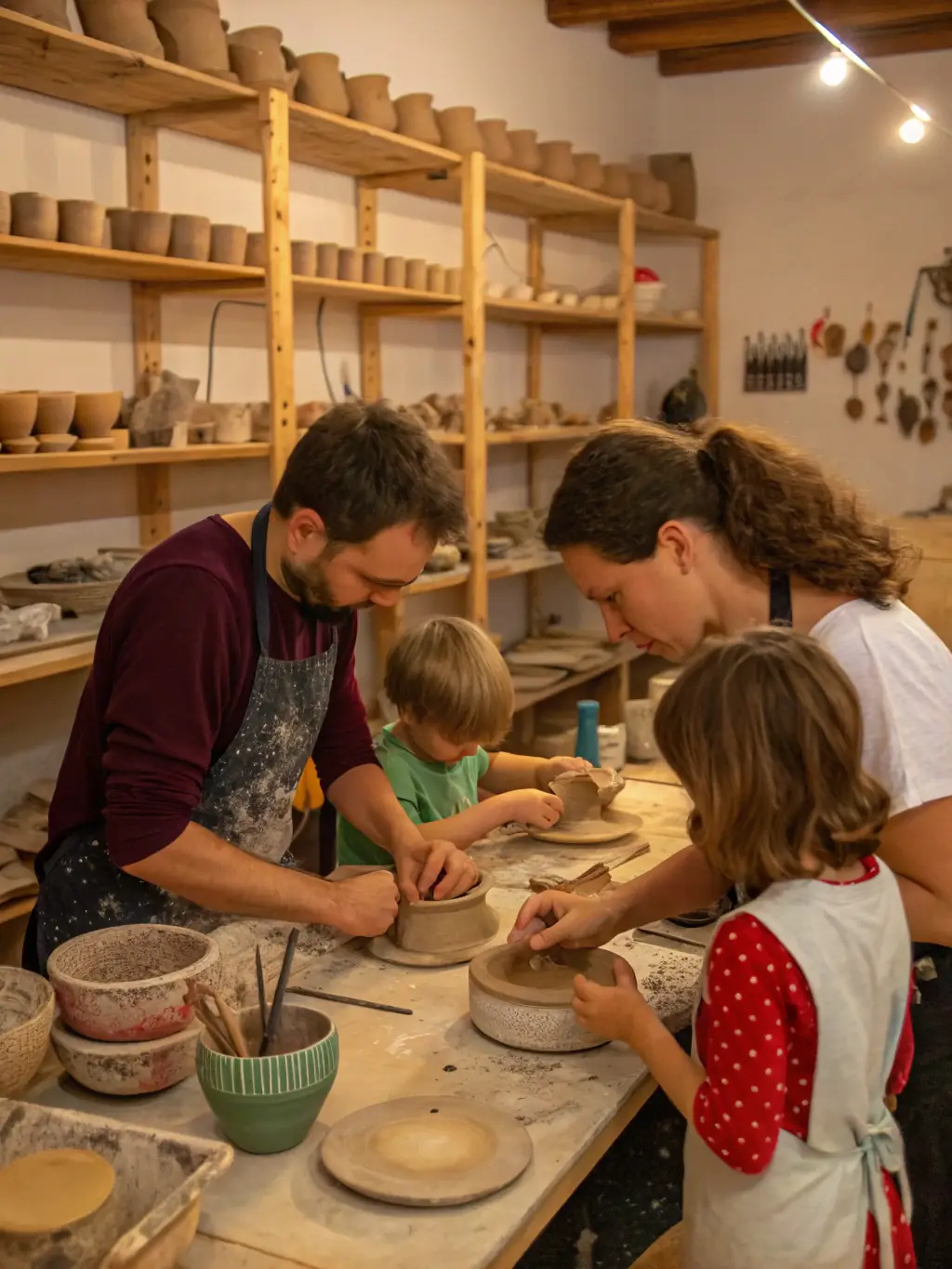 A vibrant photograph of children and adults participating in a hands-on pottery workshop inside a sunlit, historic stone hall of the Abbaye de Noirlac, with clay and creative tools on rustic tables.