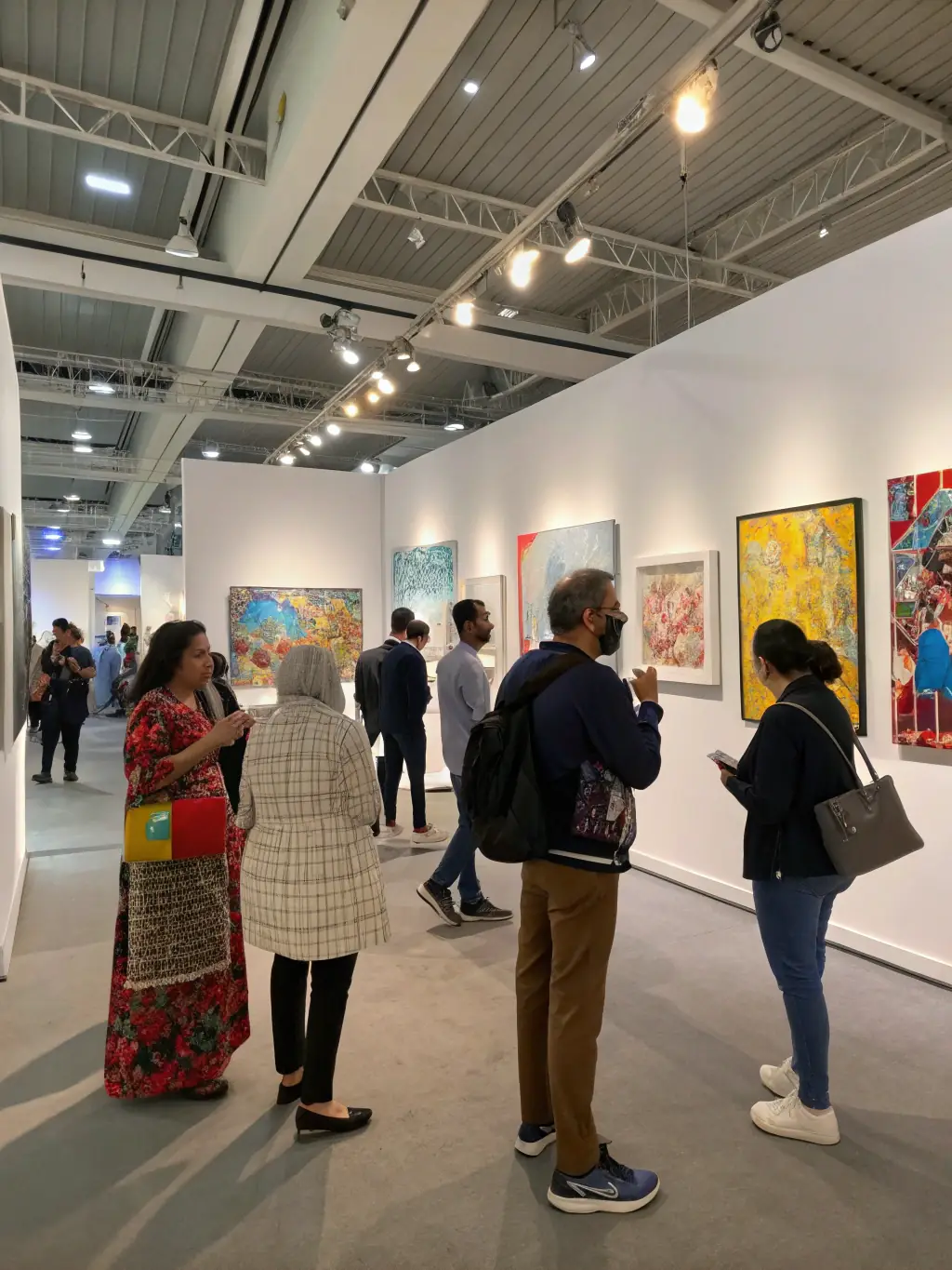 A bright, inviting exhibition hall inside the Abbaye de Noirlac, with adults and children admiring contemporary art installations and participating in a hands-on educational workshop.