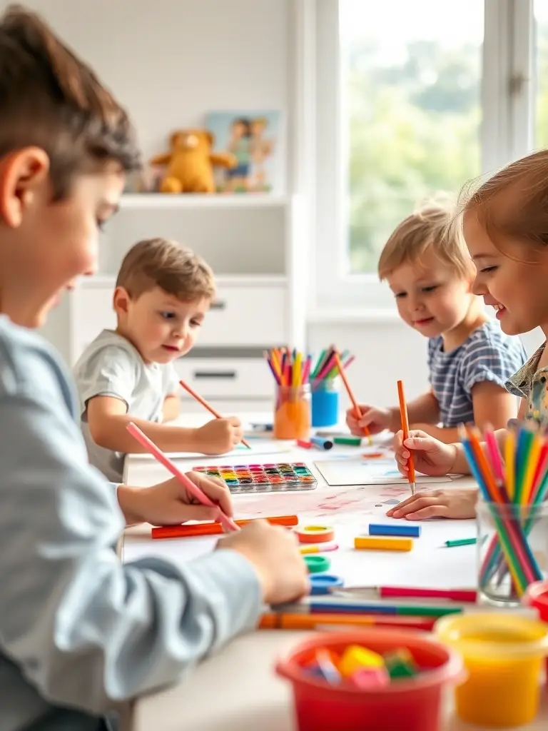 A close-up of children painting and drawing during an art workshop, with colorful supplies and finished artworks displayed against ancient stone walls.
